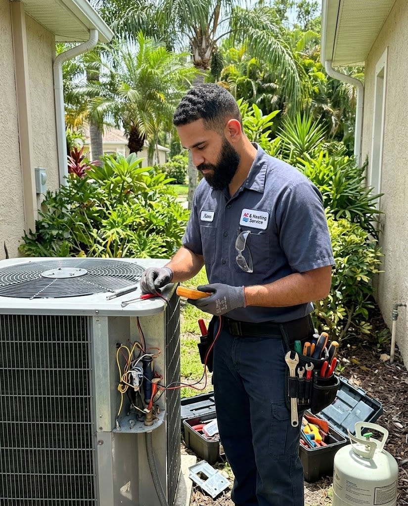 HVAC technician testing an outdoor AC condenser