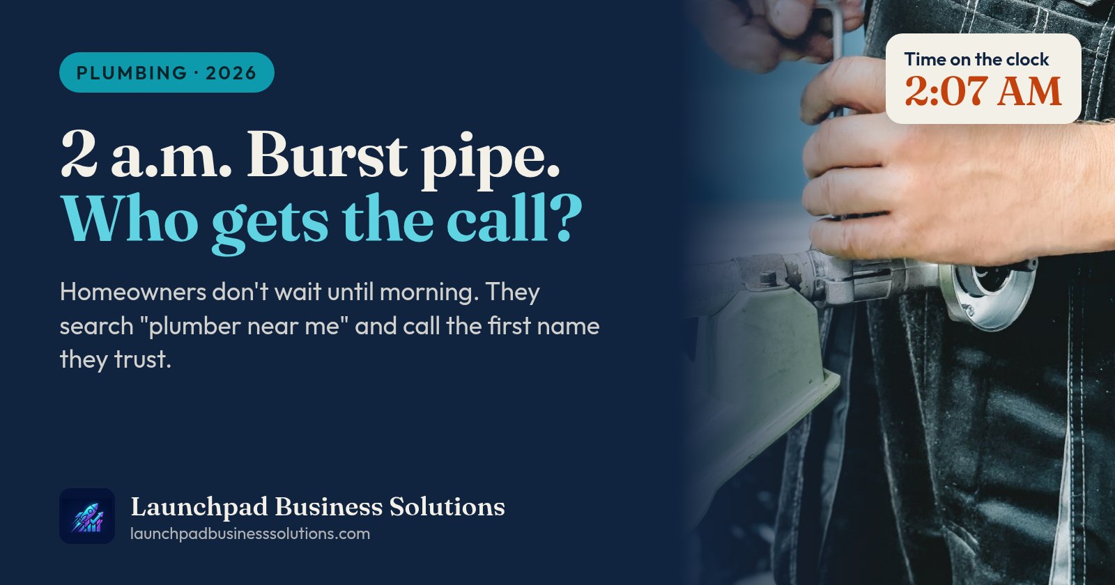 Launchpad graphic: a plumber’s hands working on a pipe beside the headline 2 a.m. Burst pipe. Who gets the call?